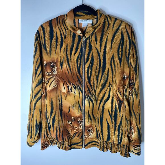 Vintage Women's Orange Satin Striped Tiger Print Elastic Waist Zip-up Jacket 12 - Picture 2 of 6